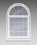 Closed arched window with transparent glass in a white frame. Isolated on a transparent background. Vector