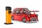 Closed automatic barrier and car on white background. Isolated 3D illustration