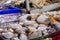 Closed beige seashells lie on a metal tray on a fish market counter