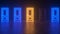Closed blue orange neon doors made of glowing lines. Running light, opening doors. Abstract futuristic corridor. Flare up and go