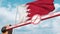 Closed boom gate with no immigration sign on the Bahraini flag background. Border closure or immigration ban in Bahrain