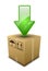 Closed cardboard box with packaging symbols and arrow down. Download icon