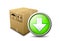 Closed cardboard box with packaging symbols and green download button. Download icon