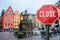 Closed, close stop sign with view of historic old towin in Stockholm, Sweden