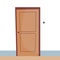 Closed door with doorbell. Front side. Cartoon flat vector illustration