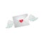 Closed envelope with heart stamp and white angel wings.