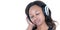 Closed eyes African American woman listening to music in headphones on white web banner header template background