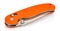 Closed folding pocket knife with textured bright orange composite plastic cover plates on steel handle isolated on white