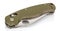 Closed folding pocket knife with textured dark green composite plastic cover plates on steel handle isolated on white background