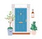 Closed front door design. Home entrance from outside with lantern, plants in planters. House exterior with entry, retro