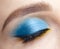 Closed human female eye with blue smoky eyes shadows and yellow liner
