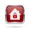 Closed icon. Red shiny 3d button with metal frame and locked home symbol