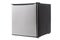 Closed mini refrigerator stainless steel and black cut out on white background