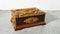 Closed old orange and brown wooden carved  jewelry box.