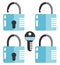 Closed and opened combination locks. Key. Flat design