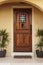 Closed Ornate Front Door of an Upscale Stucco House