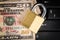 Closed padlock ,keyboard and money - data security