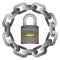 Closed padlock in strong steel circle chain