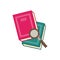 Closed paper books with colorful hardcover and magnifier lying one on other.