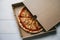 Closed pizza box with slit on white surface, adding rustic charm