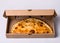 Closed pizza calzone in packing box on gray background