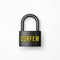 Closed Secure Black Metal Padlock with Curfew Text. Curfew sign. Isolated lock icon. Riot prevention concept. Restriction of