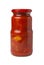 Closed transparent glass jar with canned Lecho (Bulgarian pepper