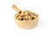 Closed up mixed dry organic cereal and grain seed pile in wooden spoon and scoop on white background