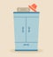 Closed wardrobe with a suitcase and a hat on top of the wardrobe. Flat vector illustration on a color background.