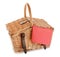 Closed wicker picnic basket with checkered tablecloth