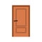 Closed wooden door. Doorframe with doorknob for entrance, exit. Doorway close. Shut entry to house, room, apartment