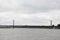 Closer total view at the bridge and the cloudy sky at the rhine river in dÃ¼sseldorf germany