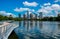 Closer view Austin Texas Riverside Pedestrian Bridge Town Lake Reflections on the water