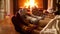Closeup 4k footage of family feet in woolen socks warming by the burning fireplace
