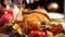 Closeup 4k footage of tasty Christmas turkey served on wooden table in living room. Dining table served for big family