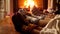 Closeup 4k video of family wearing woolen socks lying under blanket and warming by the fireplace