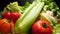 Closeup 4k video of sprinkling water on fresh vegetables. Water droplets falling on cabbage, tomato, lettuce, celery and