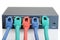 Closeup 5 port ethernet network switch with cables