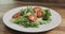 Closeup adding tomatoes to caesar salad