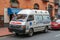 Closeup of ambulance van in street, Lima, Peru