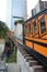 Closeup of Angels Flight, a landmark narrow gauge funicular railway in the Bunker Hill district of Downtown Los Angeles with