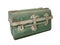 Closeup antique Green steel chest on white background, copy space