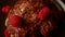 CloseUp of Apple Cinnamon Pancakes with Raspberries and Honey on Table