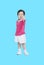 Closeup asian boy in sport wear uniform pointing finger to someone isolated on blue background