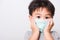 Closeup Asian face, Little children boy sick he using medicine healthcare mask