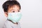 Closeup Asian face, Little children boy sick he using medicine healthcare mask