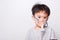 Closeup Asian face, Little children boy sick he using steam inhaler nebulizer mask inhalation oneself