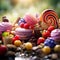 Closeup of assorted sweets and candies on wooden table. Generative AI.