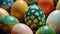 Closeup of assorted vibrant painted eggs, AI-generated.