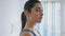 Closeup athlete woman head exercises home. Yoga lady warming body training neck